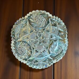 American Brilliant Cut Glass Bowl-7'' Hobstar Fan-ABP Crystal Dish-Antique-VTG